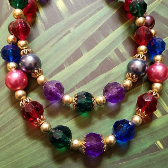 Vintage necklace chunky beads colorful gold tone jewel tones - Picture 2 of 5